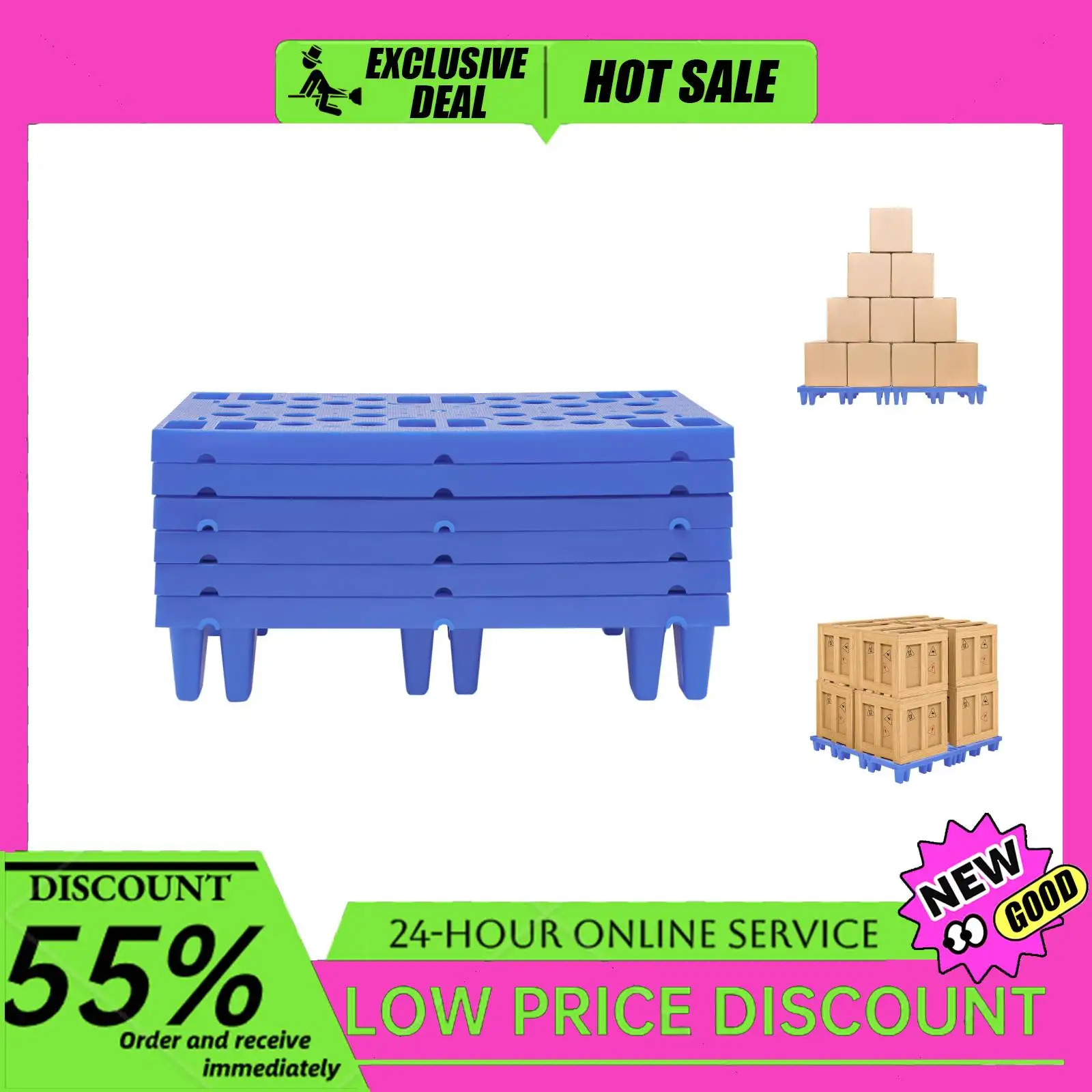 

6-Pack Blue PP Plastic Floor Pallets Lightweight Waterproof Pallets for Warehouse Storage