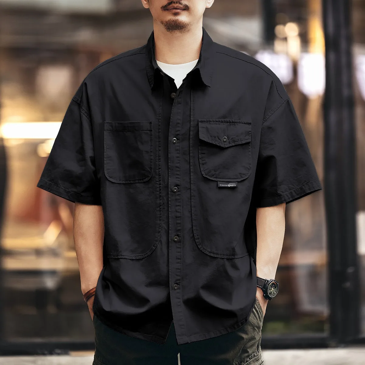 

American Style Workwear Short Sleeve Casual Shirt Men's Spring Summer Thin Loose Heavy Duty Men's Shirt Jacket Polyester