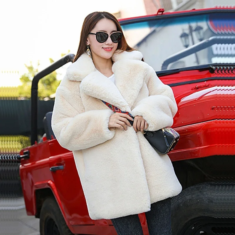 Autumn Winter Women Faux Rabbit Fur Coat Loose Casual Lapel Long Sleeve Thick Warm Female Imitation Fur Jacket Casacos Feminino