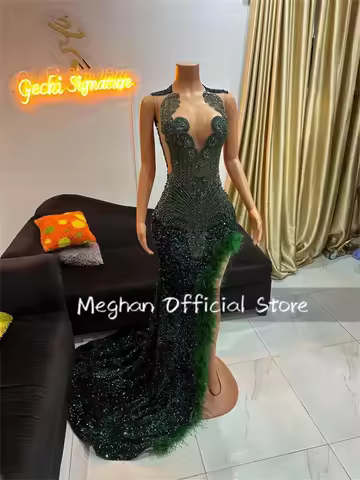 Emerald Green O N Sequin Long Prom Dress Black Girl Bead Crystal Birthday Luxury Dress Feather Evening Gown Split Customized