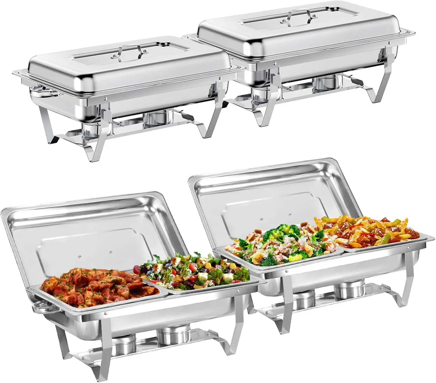 

Chafing Dish Buffet Set, 4 Pack 8 QT Stainless Steel Catering Warmer Set with 1/2 Size Food Pan, Foldable Frame