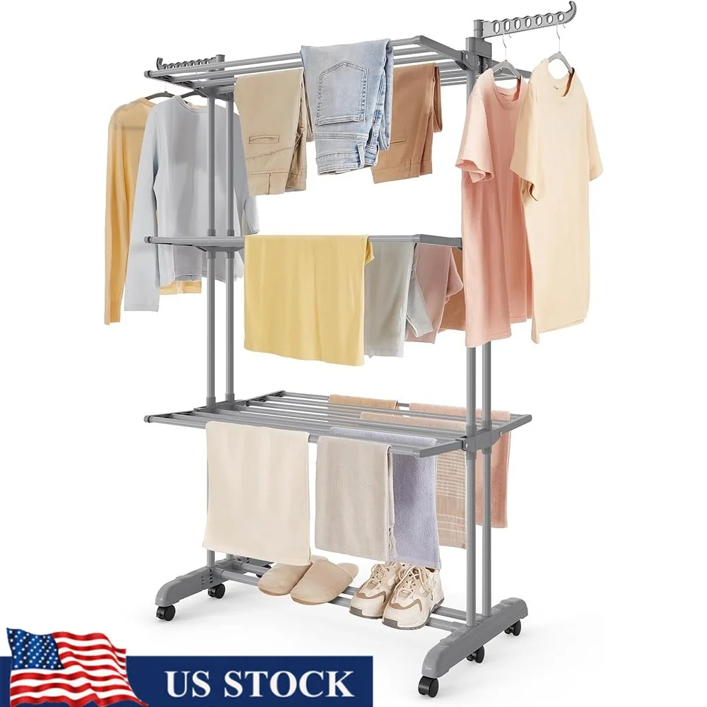 

4-Tier Clothes Drying Rack Stainless Steel Foldable Laundry Airer Rolling Clothes Horse Indoor Outdoor Adjustable Drying Stand