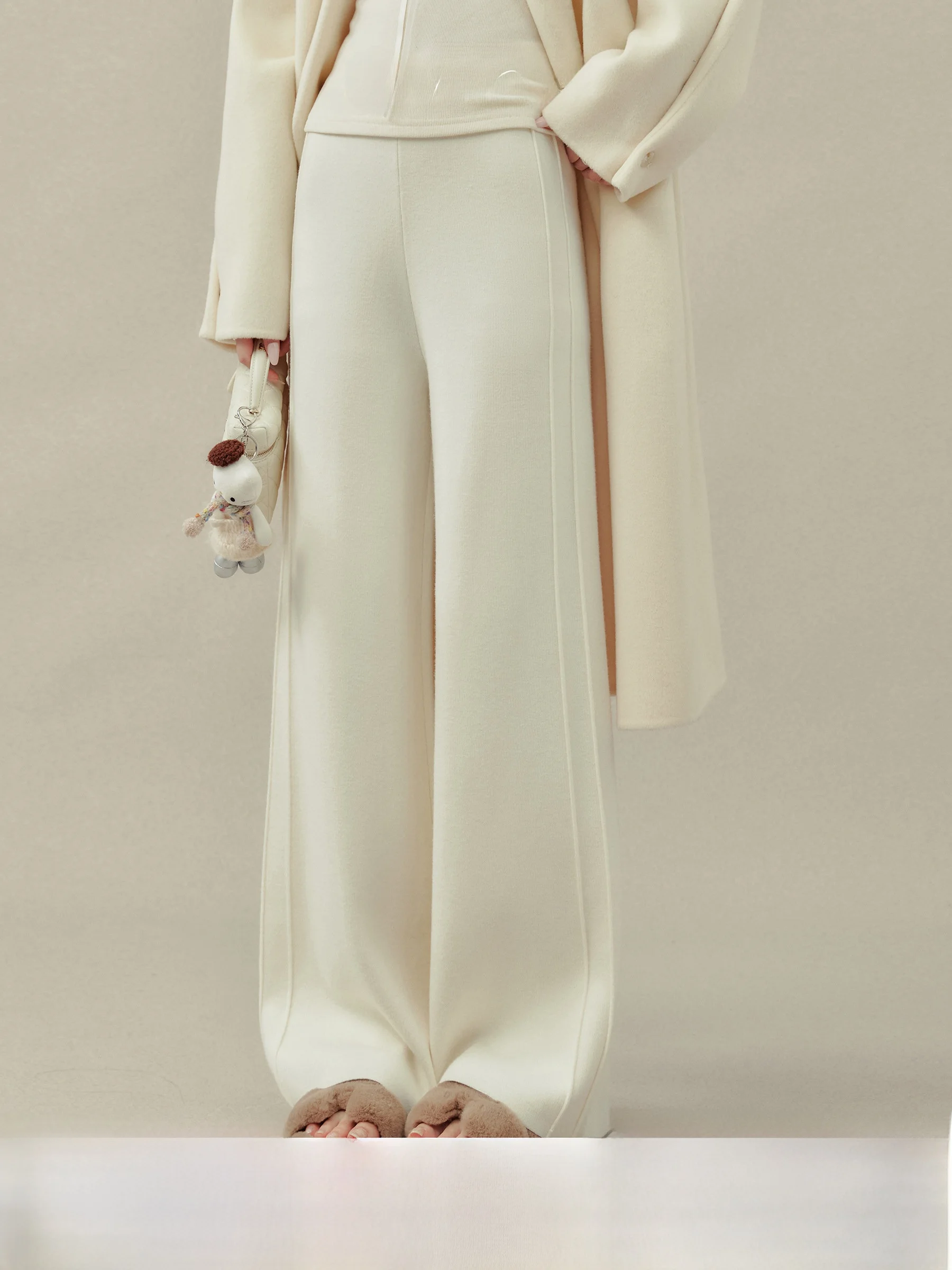 

Ouyang Xi White Knitted Straight Leg Casual Pants Women's Loose Lazy Drape Long Trousers Autumn Winter High Waist Straight Cut