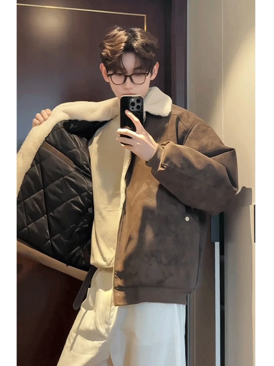 

Thiened Brown Du down Lamb Velvet Men's Winter Coat American Sle Loose Fit Windproof Soft Comfortable Zipper Closure Ja...