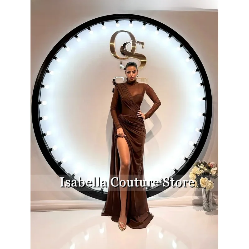 브라운 쉬폰 이브닝 드레스 하이 넥 풀 슬리브 인어 댄스 파티 드레스 섹시한 사이드 슬릿 아라비아 파티 드레스 맞춤형