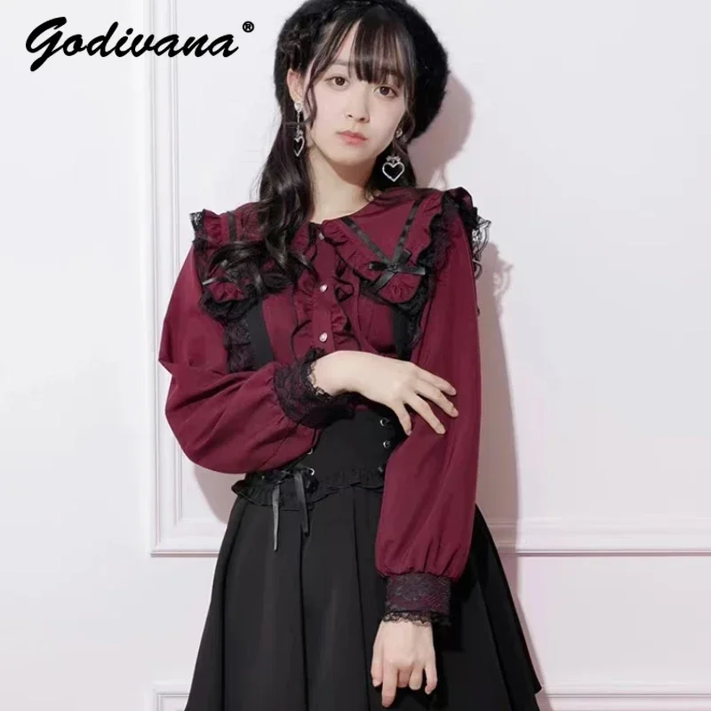 Japanese New Mine Shirt Women Sweet Bow Lace Long Sleeve Sailor Collar Sweet Blouses Top Autumn and Winter Girls Camisa Feminina