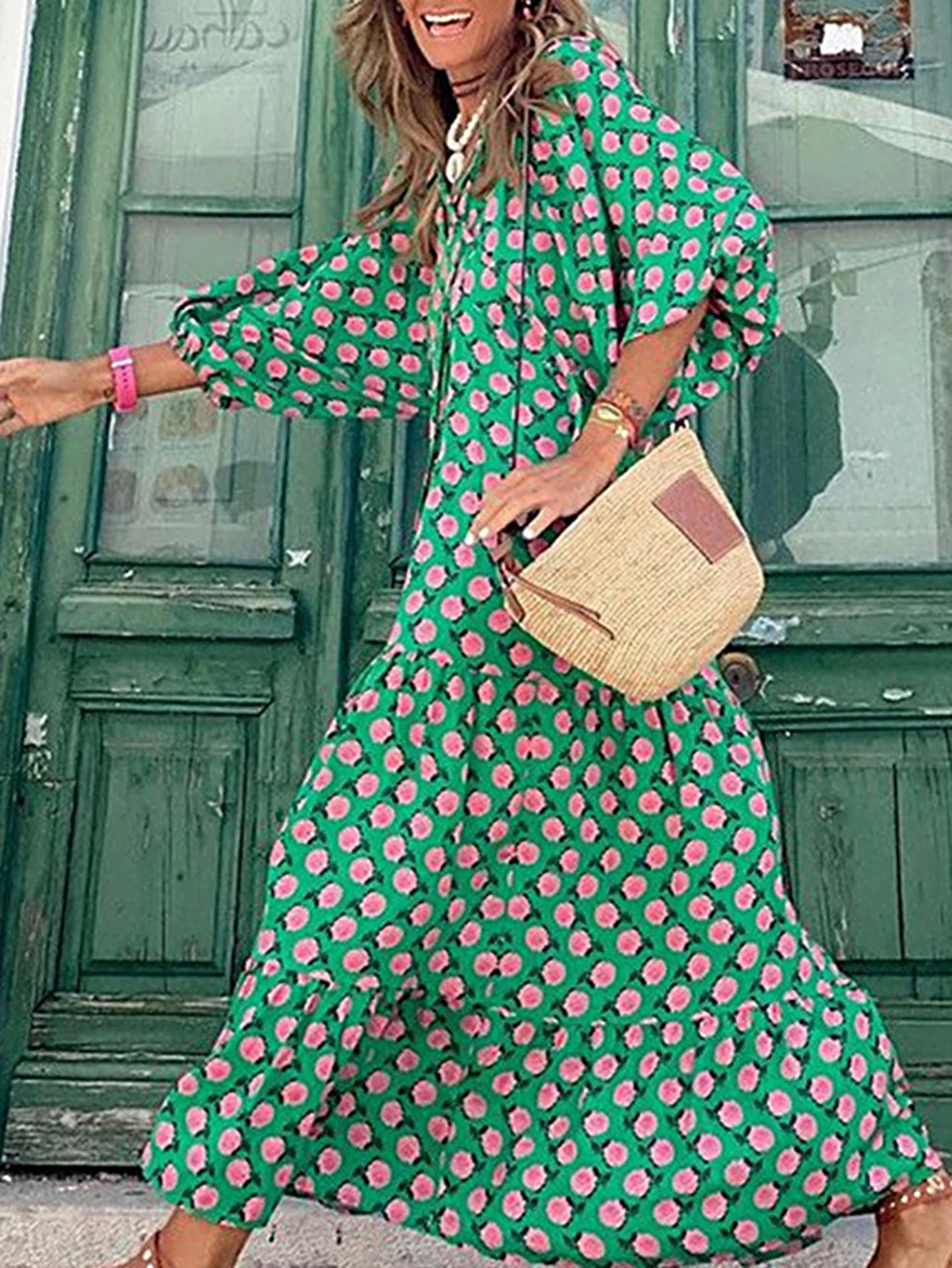 فستان نسائي صيفي غير رسمي بأكمام منتفخة وطباعة نقطية وياقة نصف مفتوحة وطول متوسط طراز Cottagecore للمواعدة اليومية