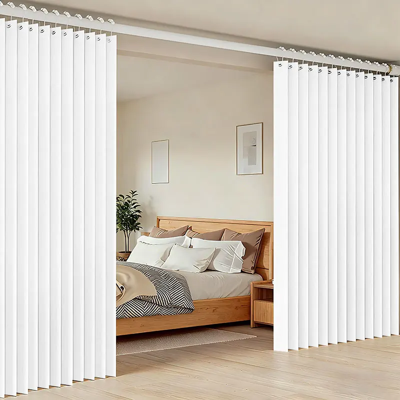 Rideau de séparation pliable blanc pur, minimaliste, pour l'extension visuelle de l'espace, avec crochets, idéal pour studio locatif, petit appartement, propre et épuré