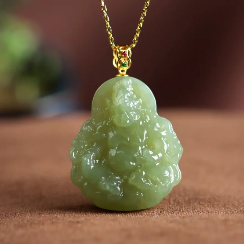 

18K Gold Inlaid Hetian Gray Jade Yellow God Of Pendant Five Gods Of Wealth Women'S Necklace