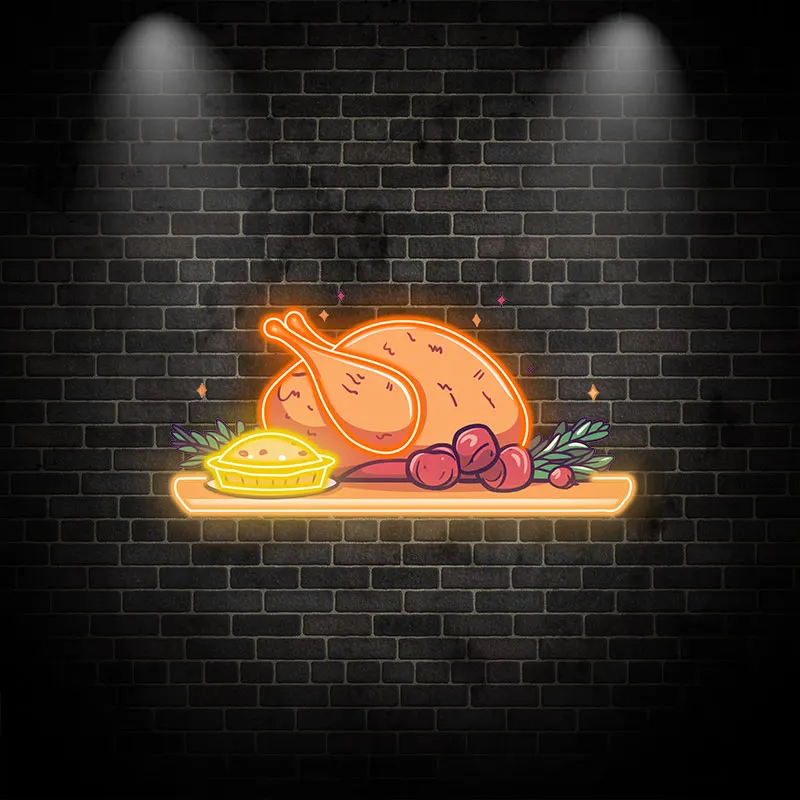 Thanksgiving Feast Neon Wall Art – Bright Turkey Dinner Illustration with Neon Glow, Perfect for Autumn Home & Dining Room Decor