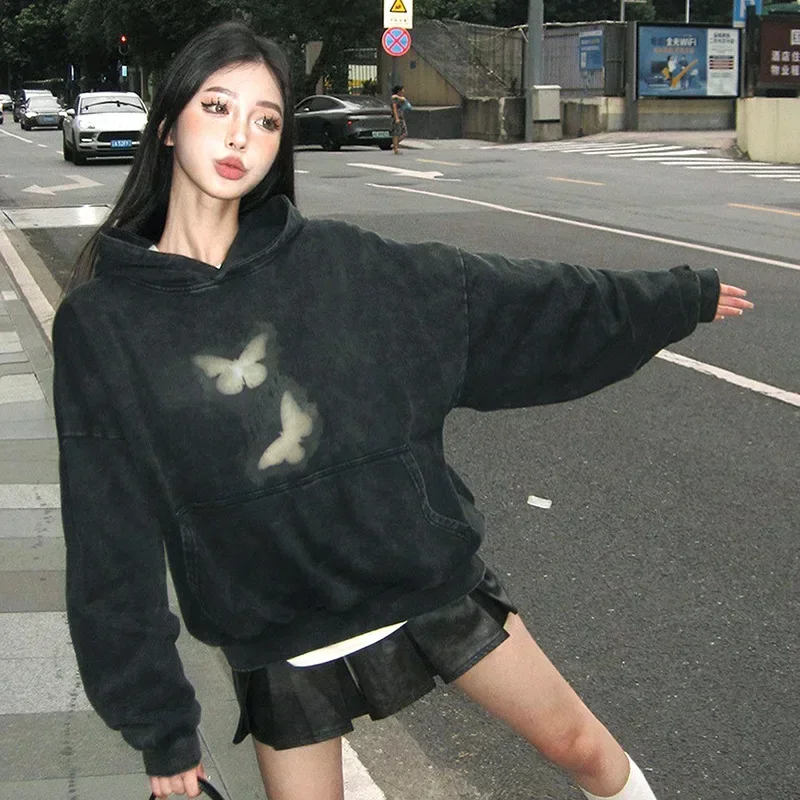Korean Style Butterflies Print Black Hoodie Women Streetwear Fashion Harajuku Oversized Pullover Sweatshirts Y2k Clothes Hoodies