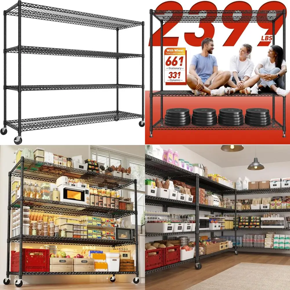 Estantes de fio de metal ajustáveis de 4 camadas para serviço pesado com rodas e pés, 60 racks de armazenamento de largura para capacidade de 2399LBS