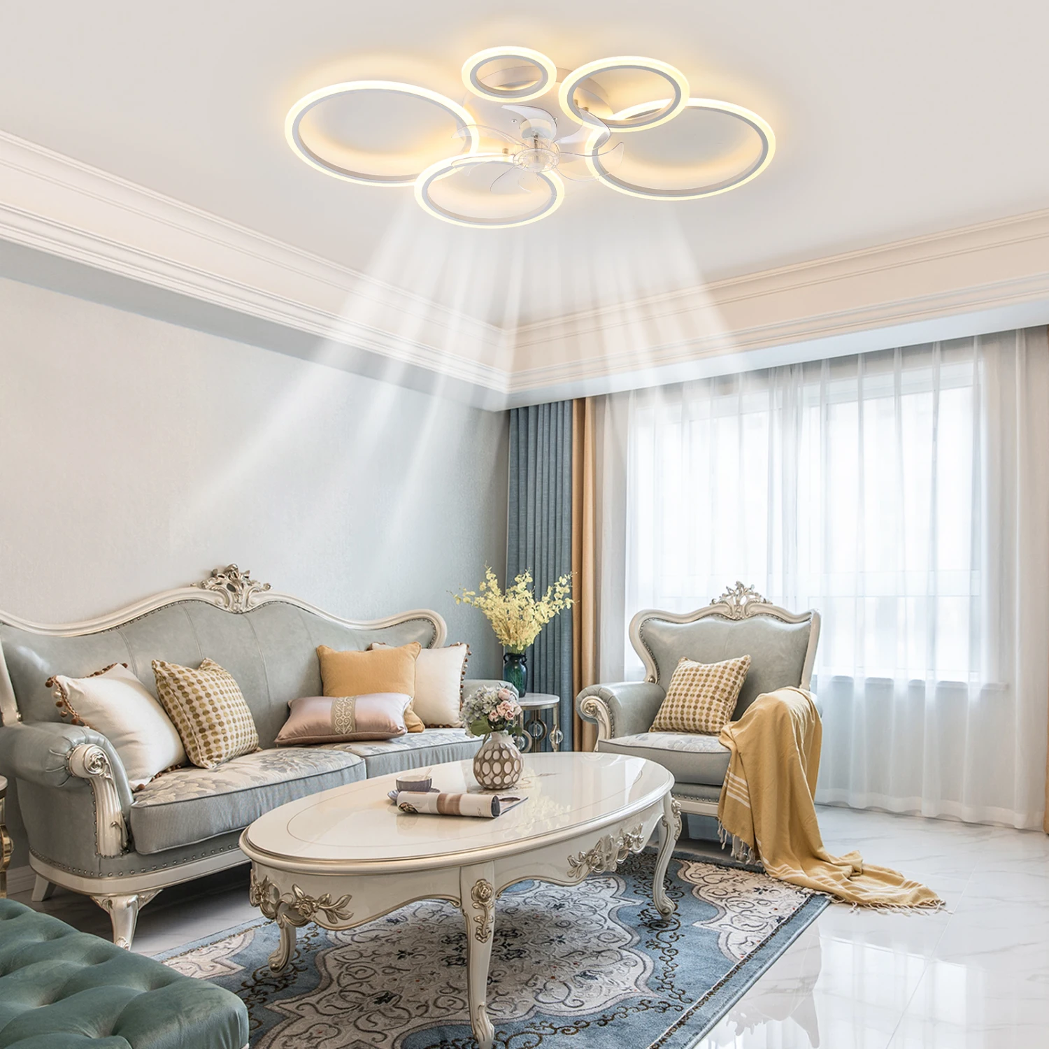 

39Inches White Ceiling Fan with Lights, Remote Control and APP Control, Dimmable with Remote, 7 Blades, 6 Speeds of Wind