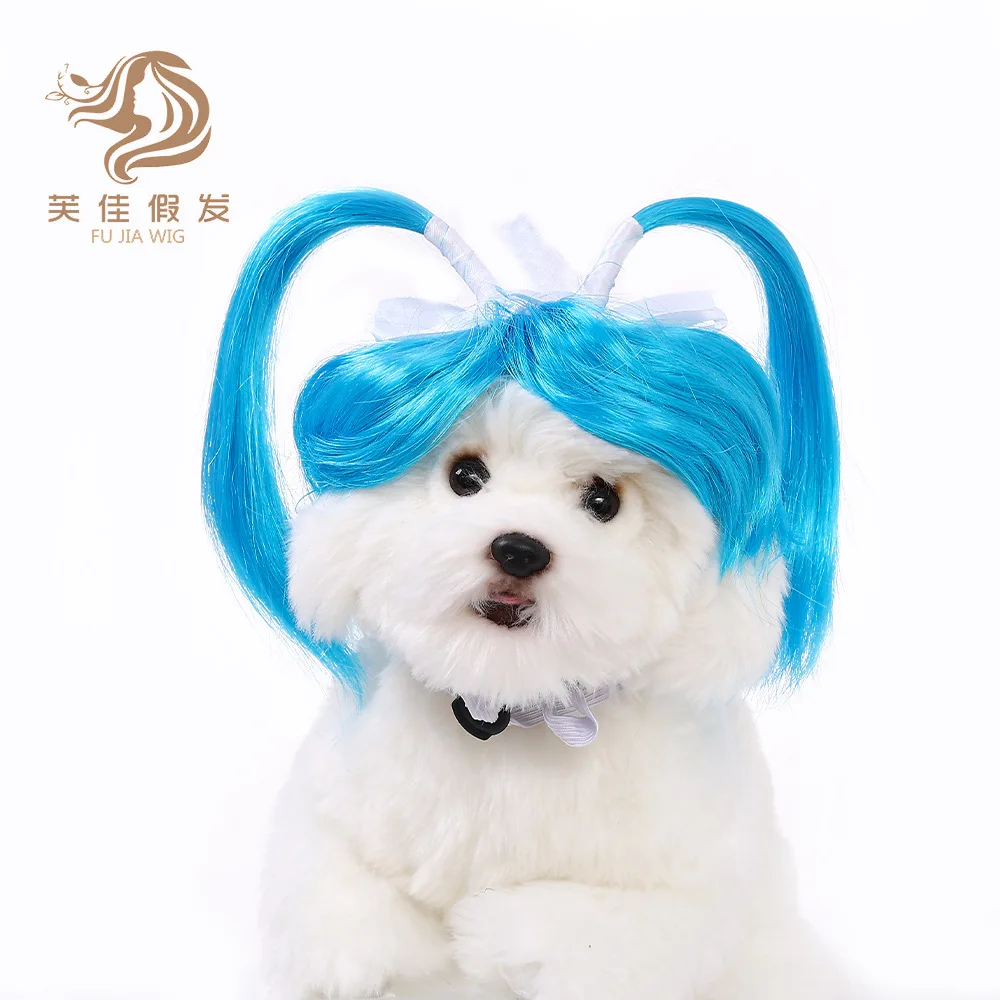 New pet blue wig cat and dog pet supplies Halloween pet accessories straight hair double ponytail wig