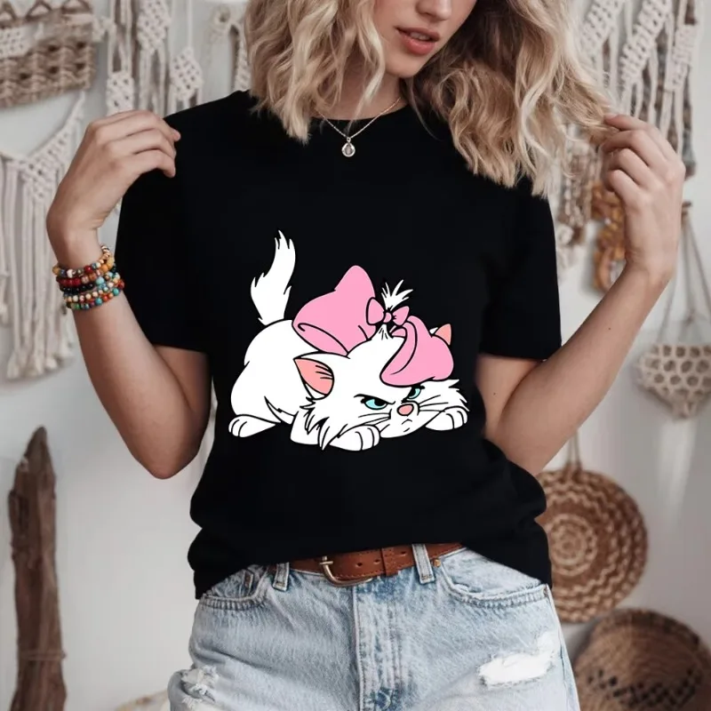 Disney Marie’s Cute Moods Print Black Cotton T shirt For Women Casual Comfort Fit Soft Breathable Daily Tee Classic Top