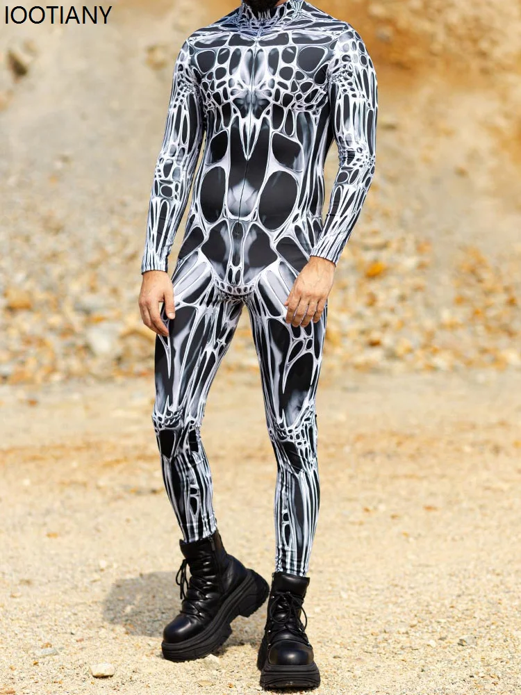 

IOOTIANY Unisex Sexy Black and White Graphic Print Bodysuit Halloween Line Art Muscle Cosplay Bodysuit Holiday Party Bodysuit