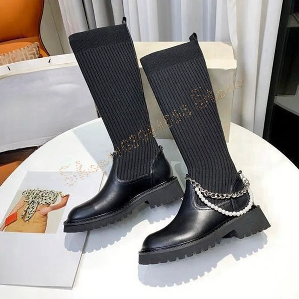 

Black Fashion Chain Decor Slip on Boots Chunky High Heels Knee High High Heel Shoes for Women Heels 2024 New Zapatos Para Mujere