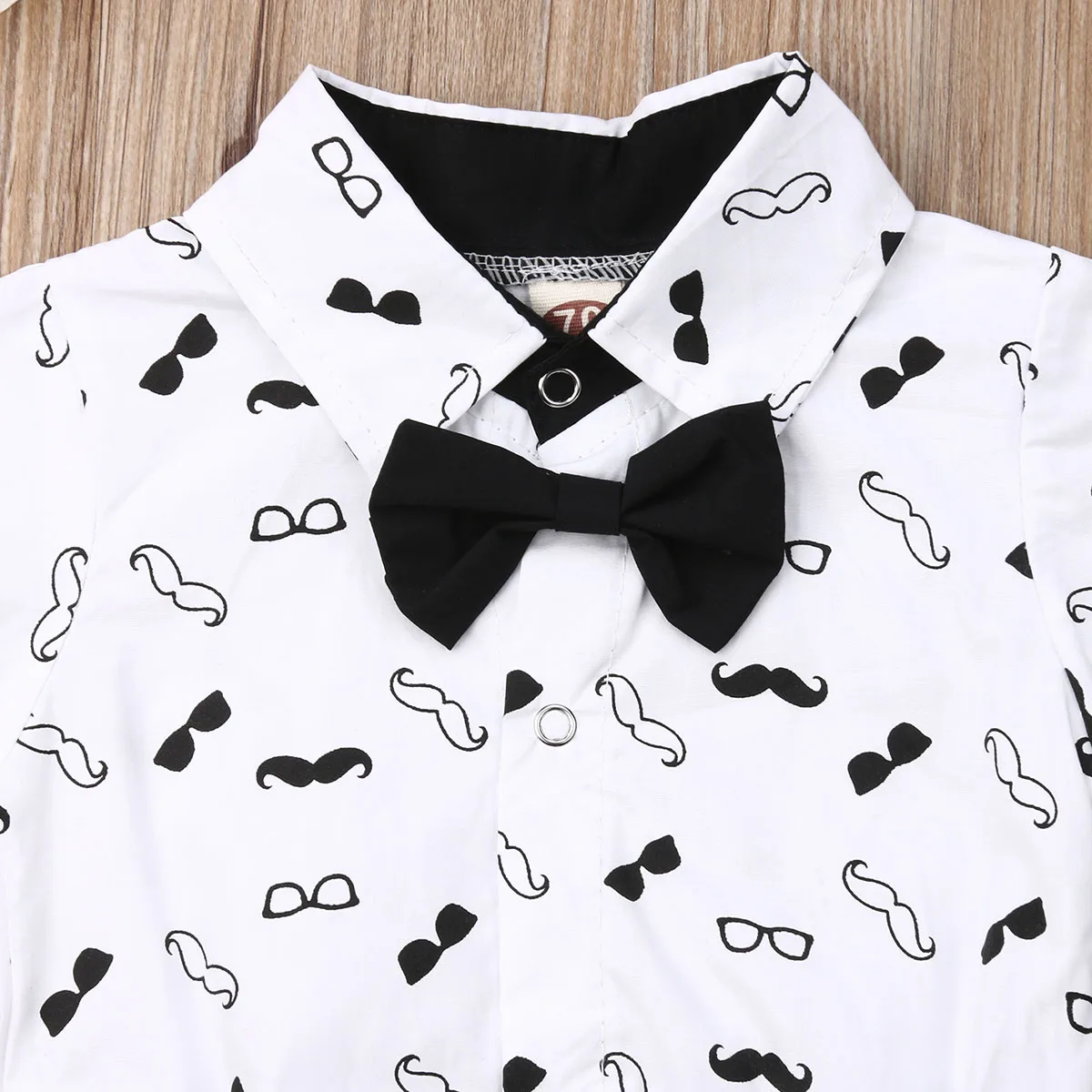 Baby Boys 2PCS Outfit Set Short Sleeve Mustache Bow Folded Collar Romper Short Solid Color Suspender Pants Gentleman Set