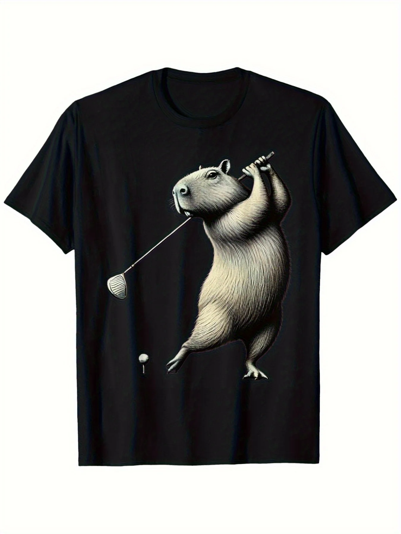 

Golf Capybara Graphic Tee Funny Animal Print Soft Cotton T-Shirt Casual Loose Round Neck Sports Golf Shirt