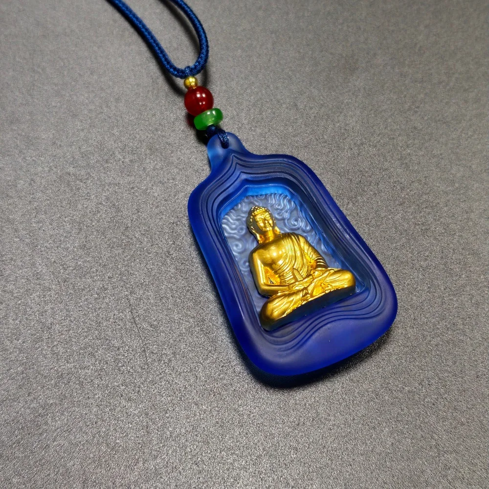 Chinese Style Blessing Gold Medicine Buddha Six Word Mantra Blue Glaze Pendant Necklace Unisex Luck Prayer Spiritual Amulet Jewe