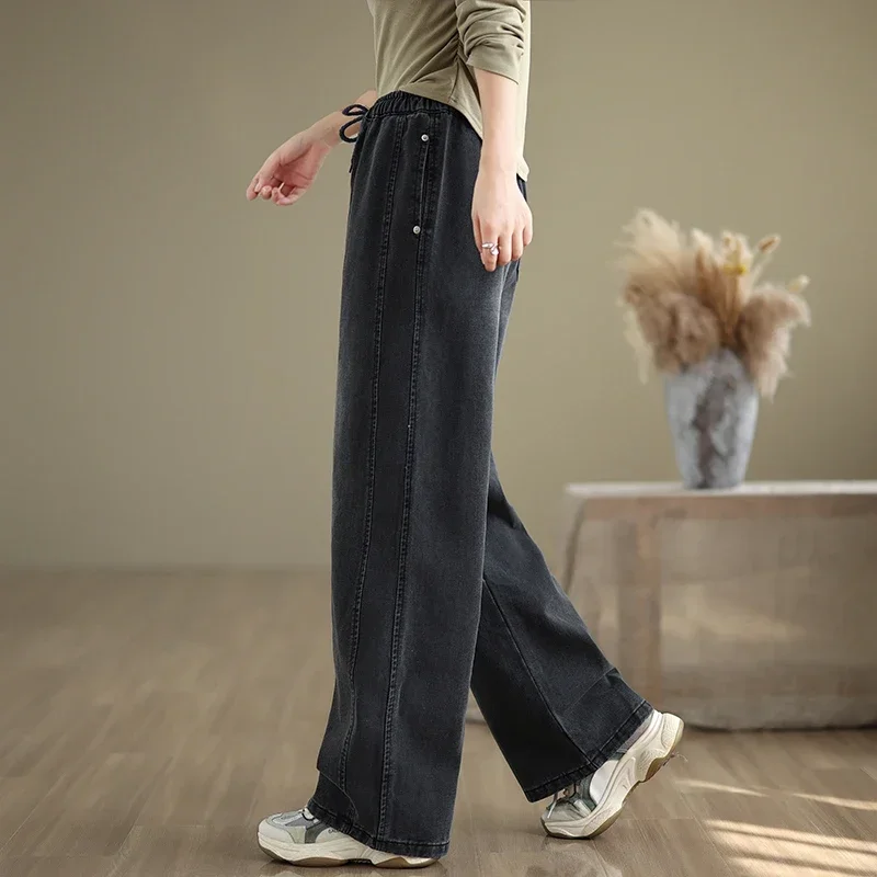 Full Length Straight Basic Jeans Women Korean Style Elastic Waist Solid Color Simple Loose Casual Denim Pants Trouser JJ127
