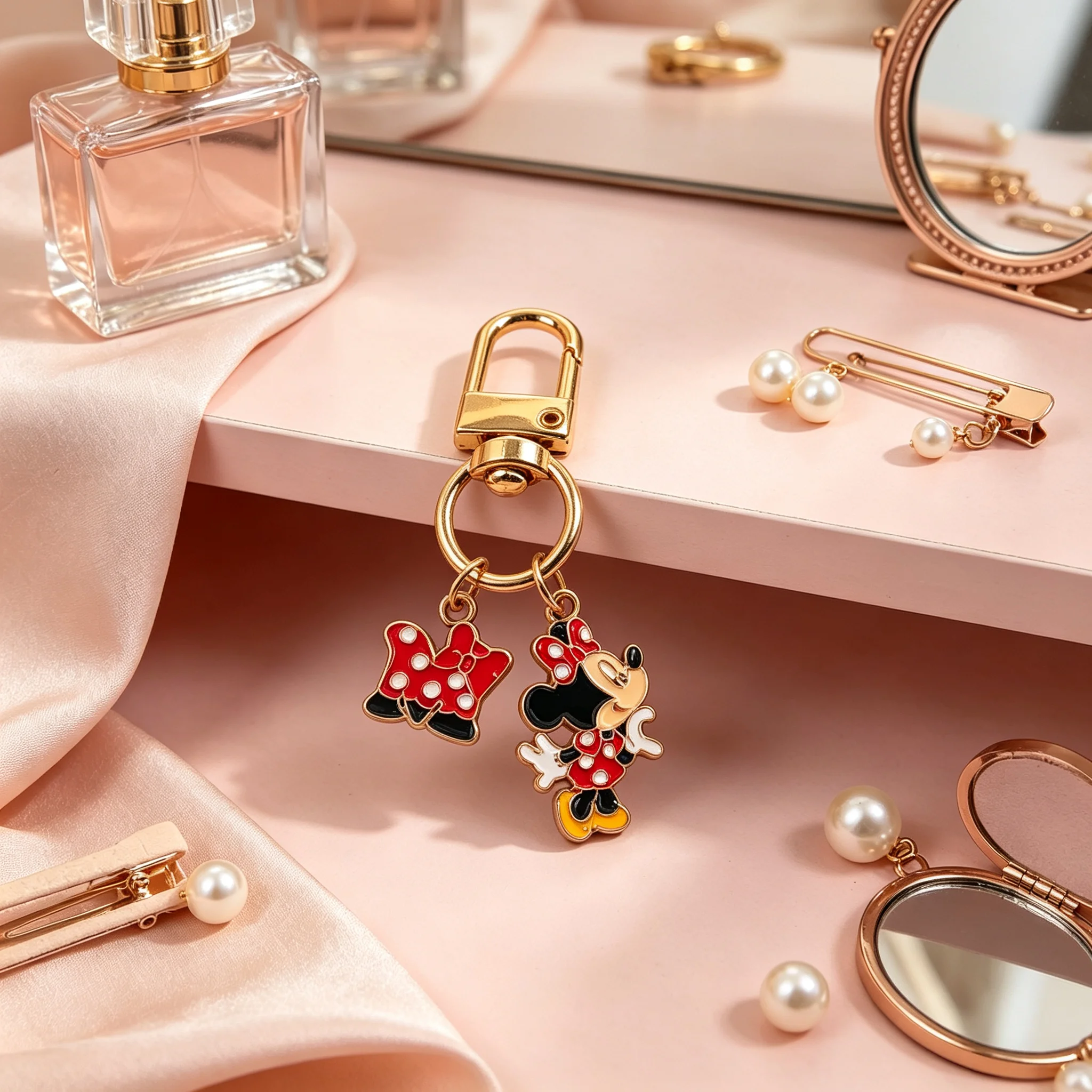 Cute Cartoon Mouse Enamel Keychain, Gold Metal Carabiner Key Ring Charms, Polka Dot Bow Pendant Bag Purse Backpack Decor Accesso view 6