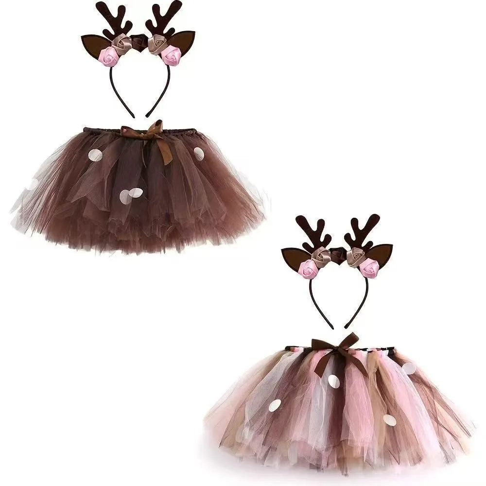 Falda tutú de ciervo, tutú esponjoso para fiesta de cumpleaños, falda de tul para baile para niños, disfraz de ciervo de Navidad, diadema con astas