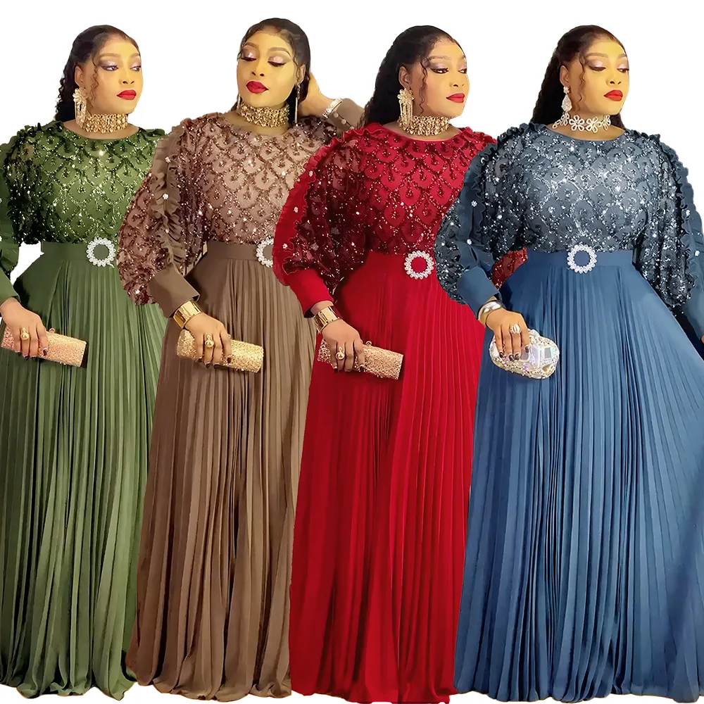

Vintage Dresses For Women Luxury Wedding Party Prom Evening Long Sleeve Pleated Dress Turkey African Dashiki Clothing Kaftans