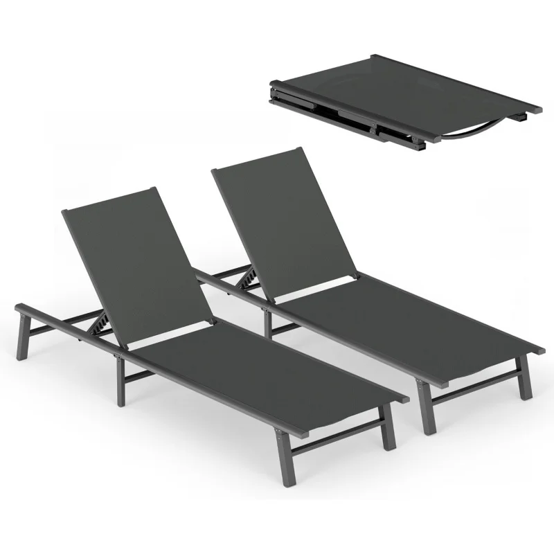 

Foldable Outdoor Lounge Chair Set of 2, No Assembly Aluminum Chaise Lounge with 5 Adjustable Positions, Portable Recliner P