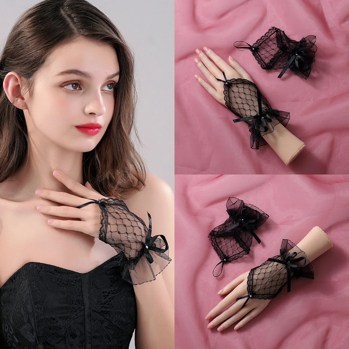 A pair of black hooked finger style wrist length gloves, suitable as accessories for bride weddings or women's dances