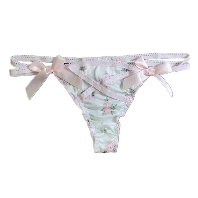 Babados adorável doce menina tanga briefs calcinha de cetim suave floral impresso t-back roupa interior arco cinta cruzada cuecas de cintura baixa
