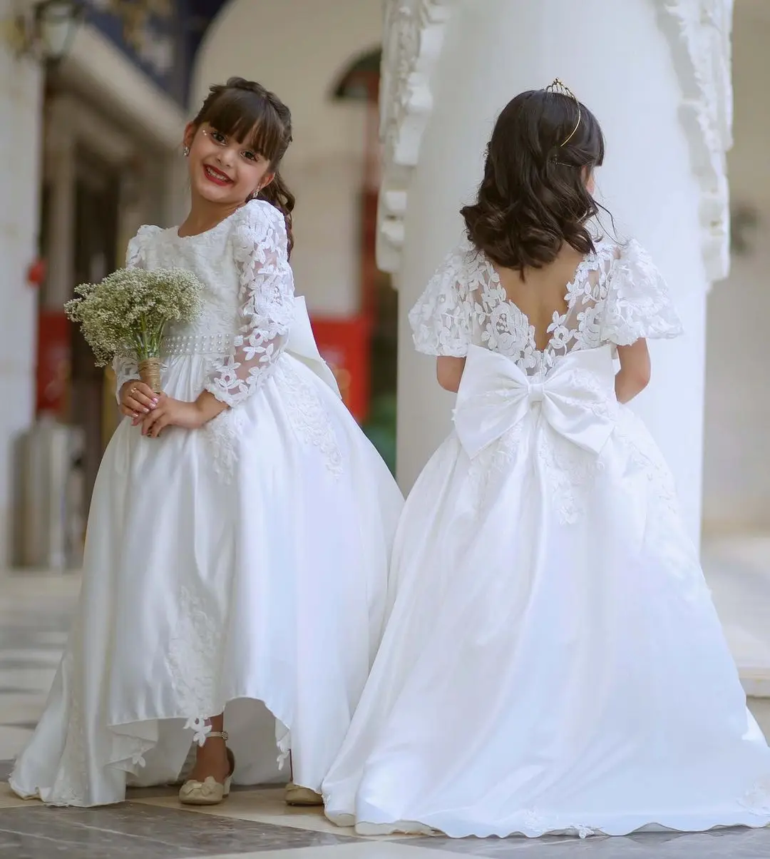 Vestido blanco de flores con apliques para niña, vestido de boda de manga larga de satén con lazo, vestido de princesa para cumpleaños, vestidos de primera comunión