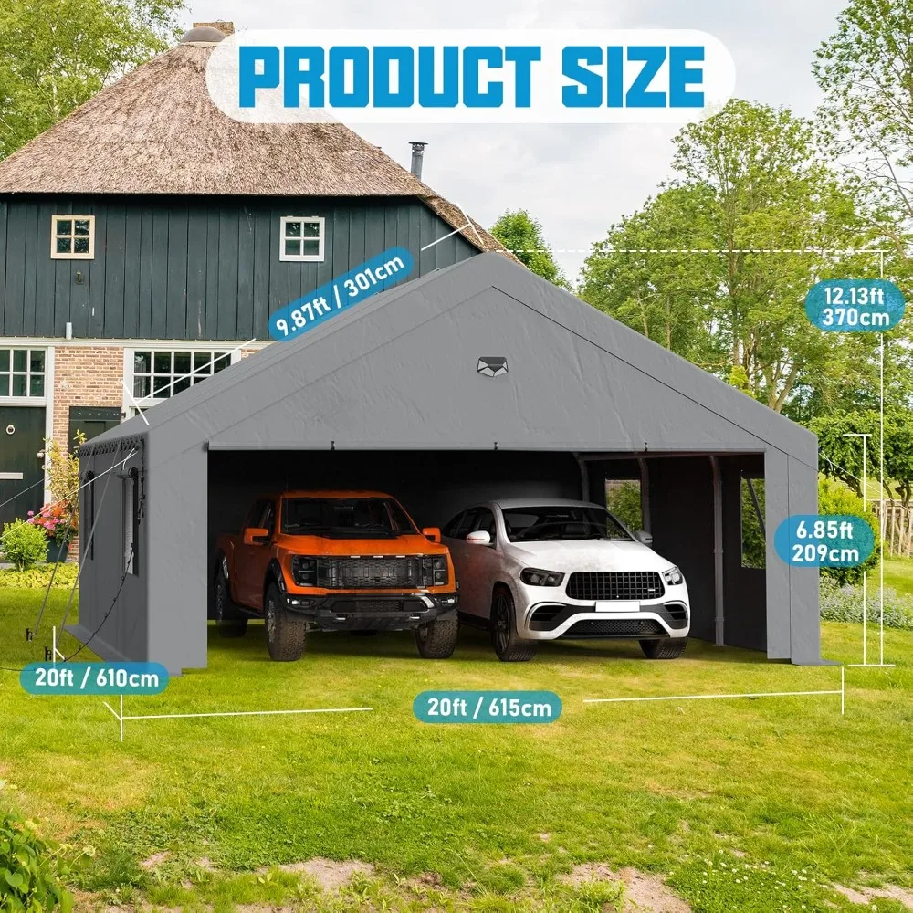 Baldacchino per carport 20x20, porta per auto resistente, garage portatile per porte per auto con 2 porte avvolgibili con cerniera passante, grigio