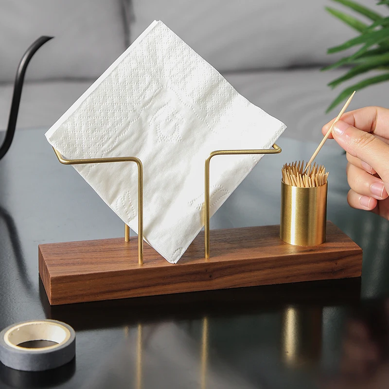 Desktop Organizer Tableware Supplies Wood Tissue Paper Holder Napkin Brass Box Storage Toothpick