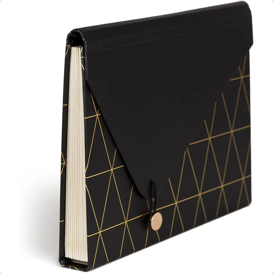 Cartella portadocumenti espandibile con 13 tasche per ufficio, hardware geometrico in ottone nero e oro certificato FSC