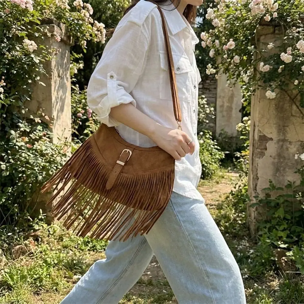 Cute Korean Suede Shoulder Bag Bohemian Style Vintage Tassel Crossbody Bag Large Capacity PU Leather Ethnic Style Handbag Women