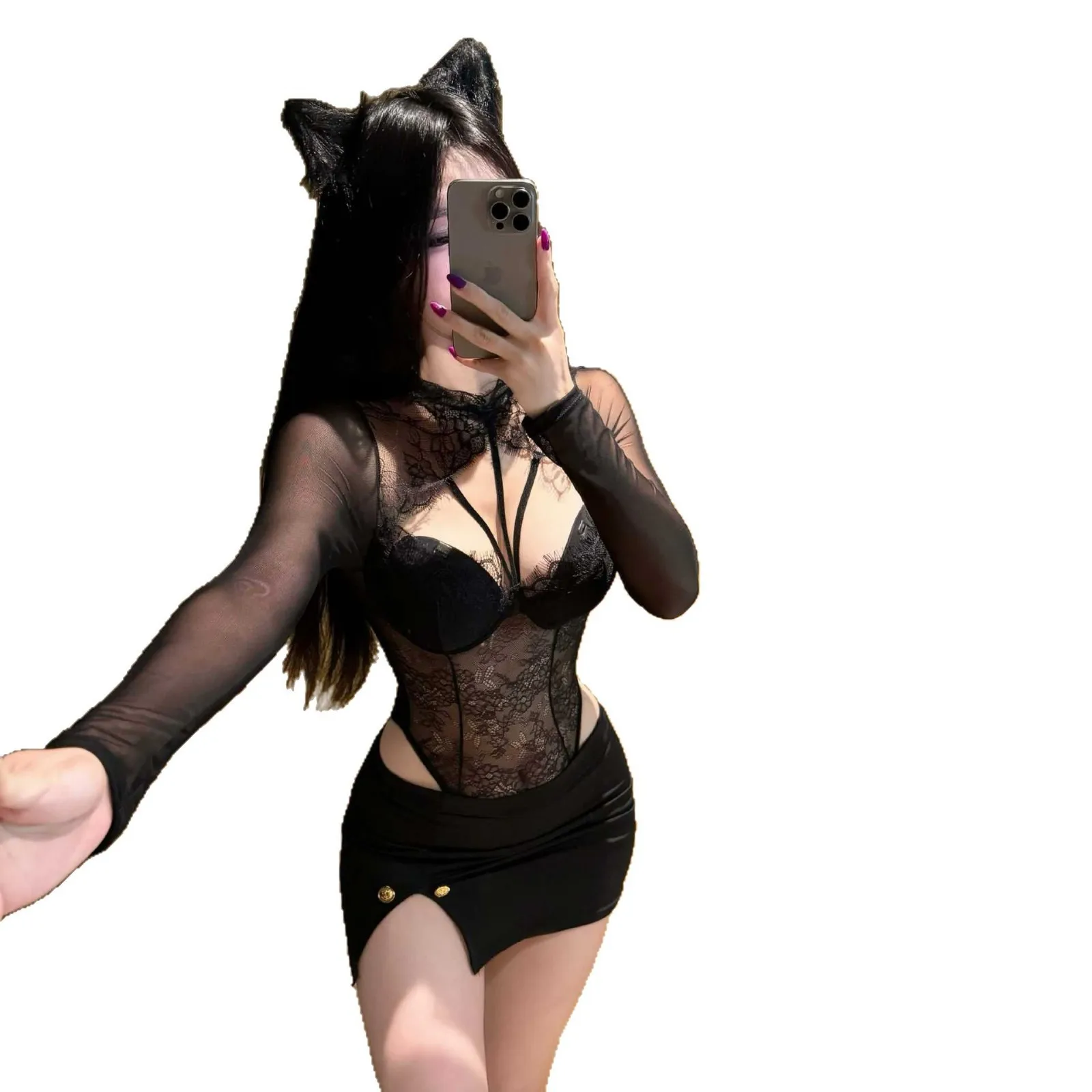 Duży Rozmiar Czarna Ażurowa Koszula z Długim Rękawem Koronkowa Koszulka Damska Jesień Czysta Pokusa Spice Girl Sexy Spodnia