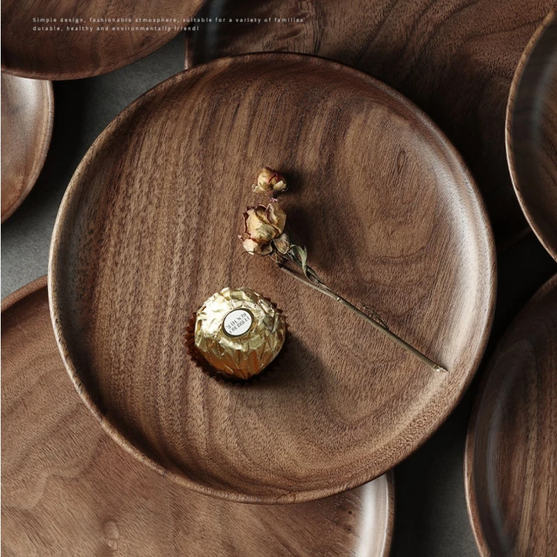 Solid Wood Tea Tray Japanese Walnut Dry Bubble Plate Round Type Plate Meal Wooden Tableware Household Snacks Dry Fruit Plate