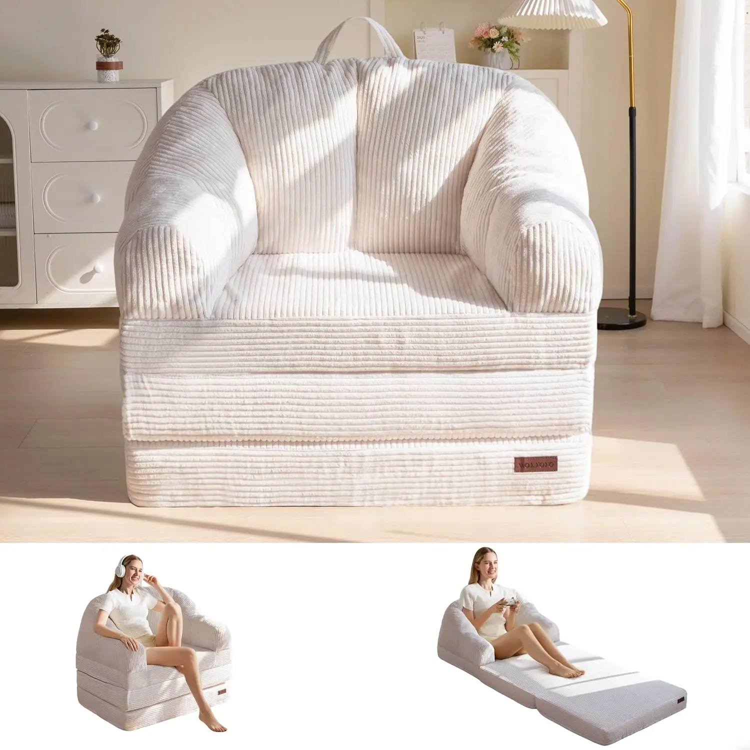 Folding Sofa Bed with Backrest, Boneless Fold Out Couch Bed with Handle, 2 in 1 Convertible Bean Bag Chair to Floor Sofa Lounger