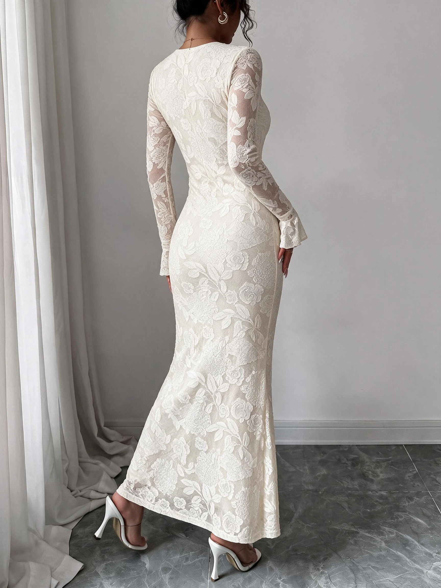 Damen Mesh Langarm Blumenmuster Maxikleid mit ausgestellten Ärmeln, figurbetontes Meerjungfrauenkleid, elegantes Abendkleid für Party und Clubwear. – Detail 8