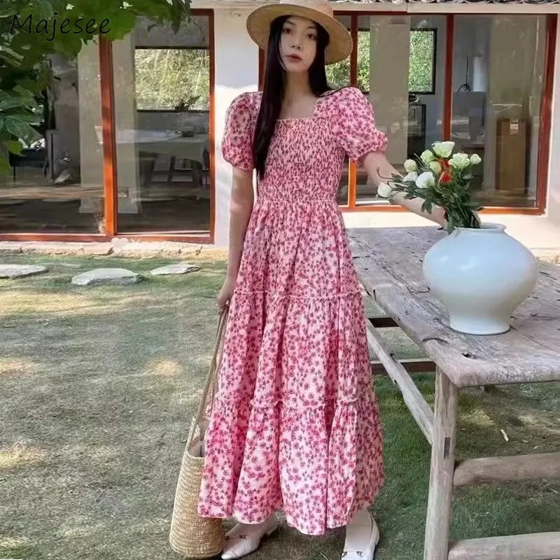 Dresses Women Summer Floral Sweet French Style Defined Waist Chic Streetwear Square Collar Vestidos Popular Daily Holiday Trendy