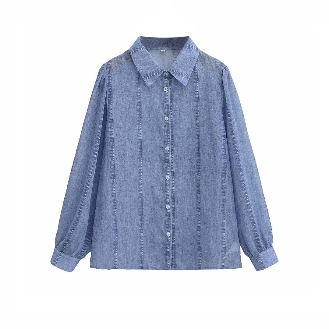 

Korejepo New Women Clothing European American Style Lapel Single Breasted Denim Composite Silk Long Sleeved Shirt Top