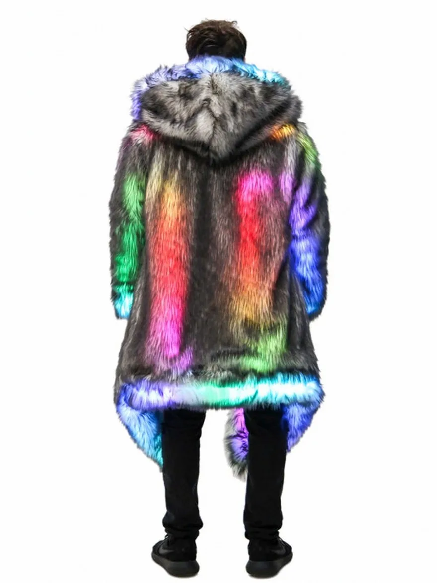 Plus-size Men's Winter Fashion LED Hooded Festival Performance Stage Ball Costume Thick Warm Men's Fluffy Faux Fur Coat