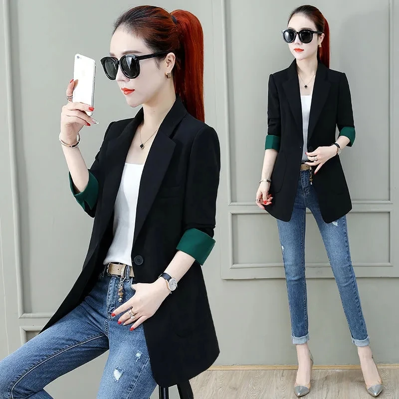 Spring Autumn Women's Small Suit Coats Mid-long Temperament Wild Blazers Office Lady Draping Blazer Casual Slim Jackets Tops New