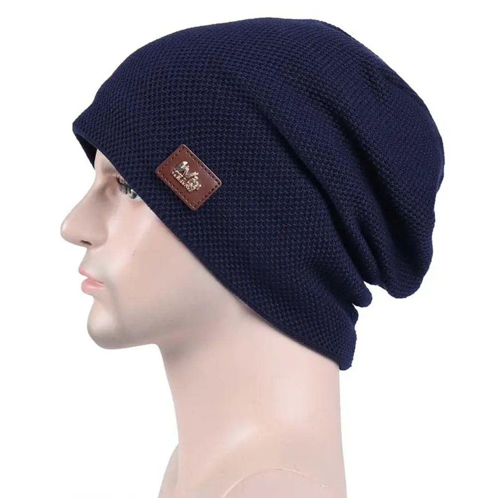 Warm Fleece Lined Casual Knitted Hat Knitted Material Pullover Winter Beanie Solid Label Decor Slouchy Winter Hats Men and Women