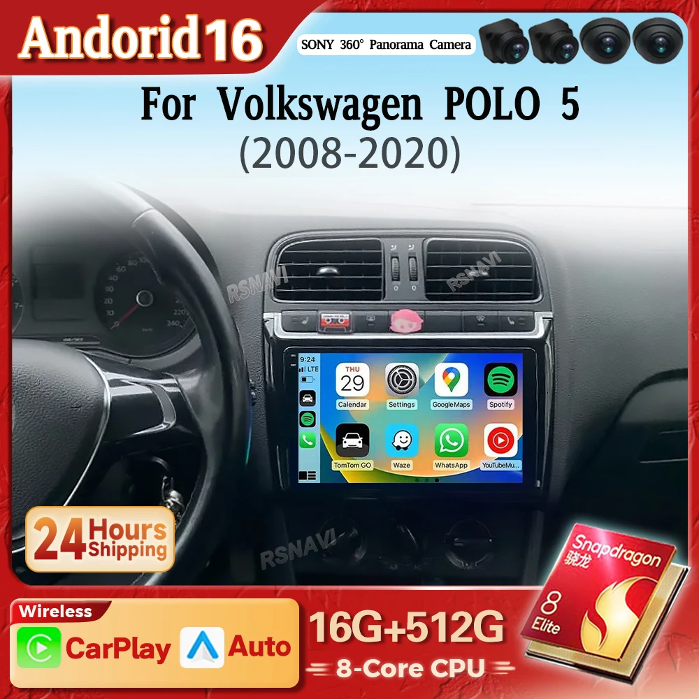 Radio con Navegación Multimedia para Auto Android 16 para Volkswagen VW POLO 5 Sedán 2008 - 2023 Carplay Auto Snapdragon WIFI+4G DSP