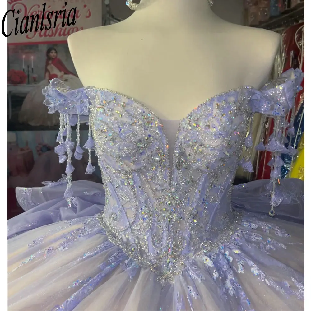 

Сиреневое бальное платье с открытыми плечами и кисточками, платья Quinceanera, кружевное платье с аппликацией Sweet 16, Vestido De 15 Anos