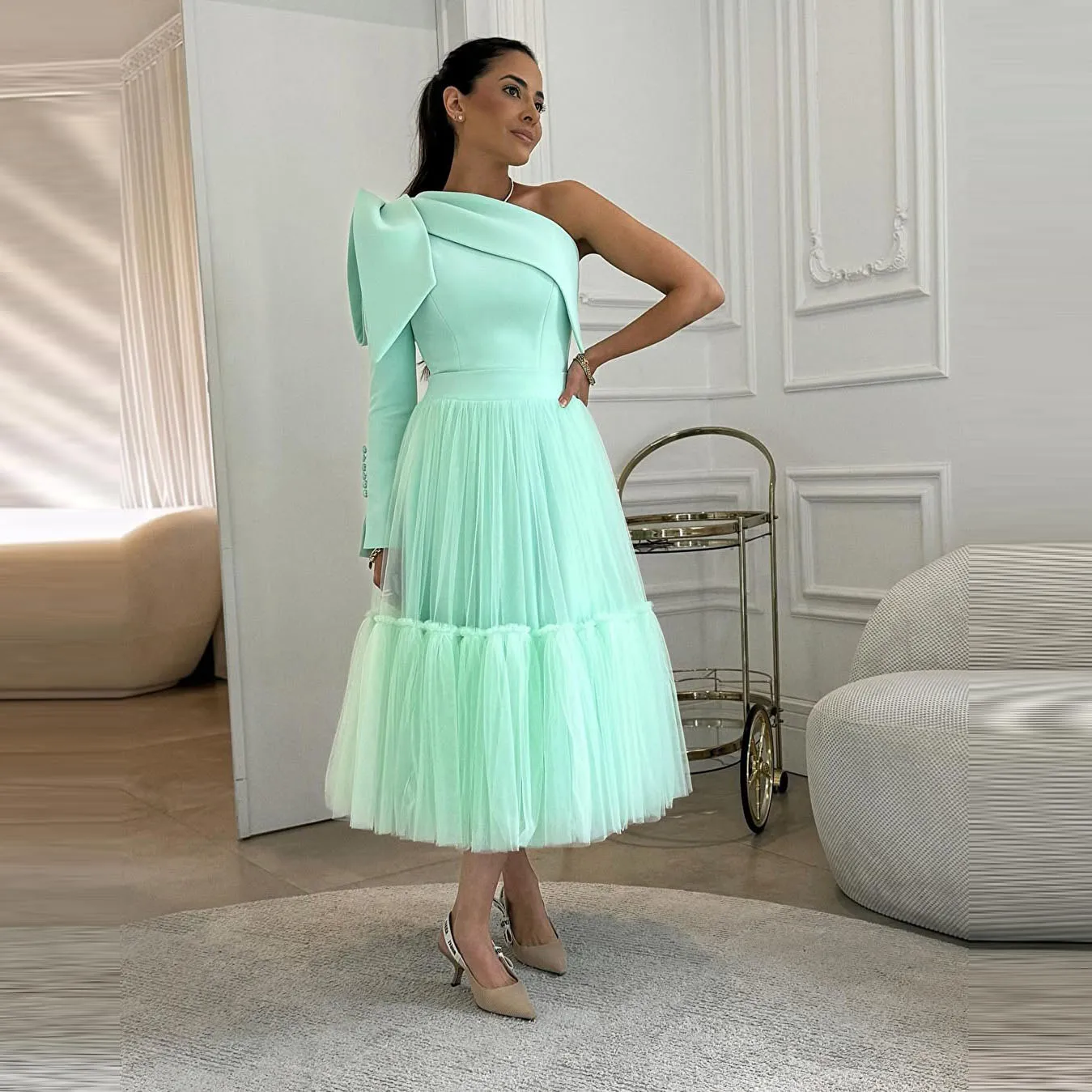 

Элегантное зеленое платье на одно плечо длиной до щиколотки, женские вечерние платья для особых случаев, тюлевое вечернее платье 2025 года, макси-платья