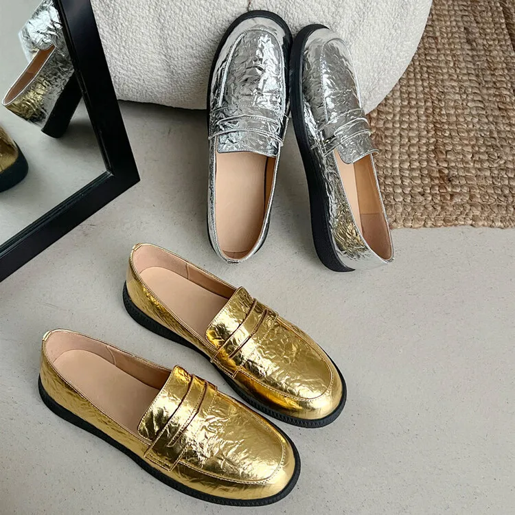 2024Spring Silver Loafers Casual Slip On Pleated Gold Leather Women Flats Comfort Footwear Walking Shoes Designer Zapatillas