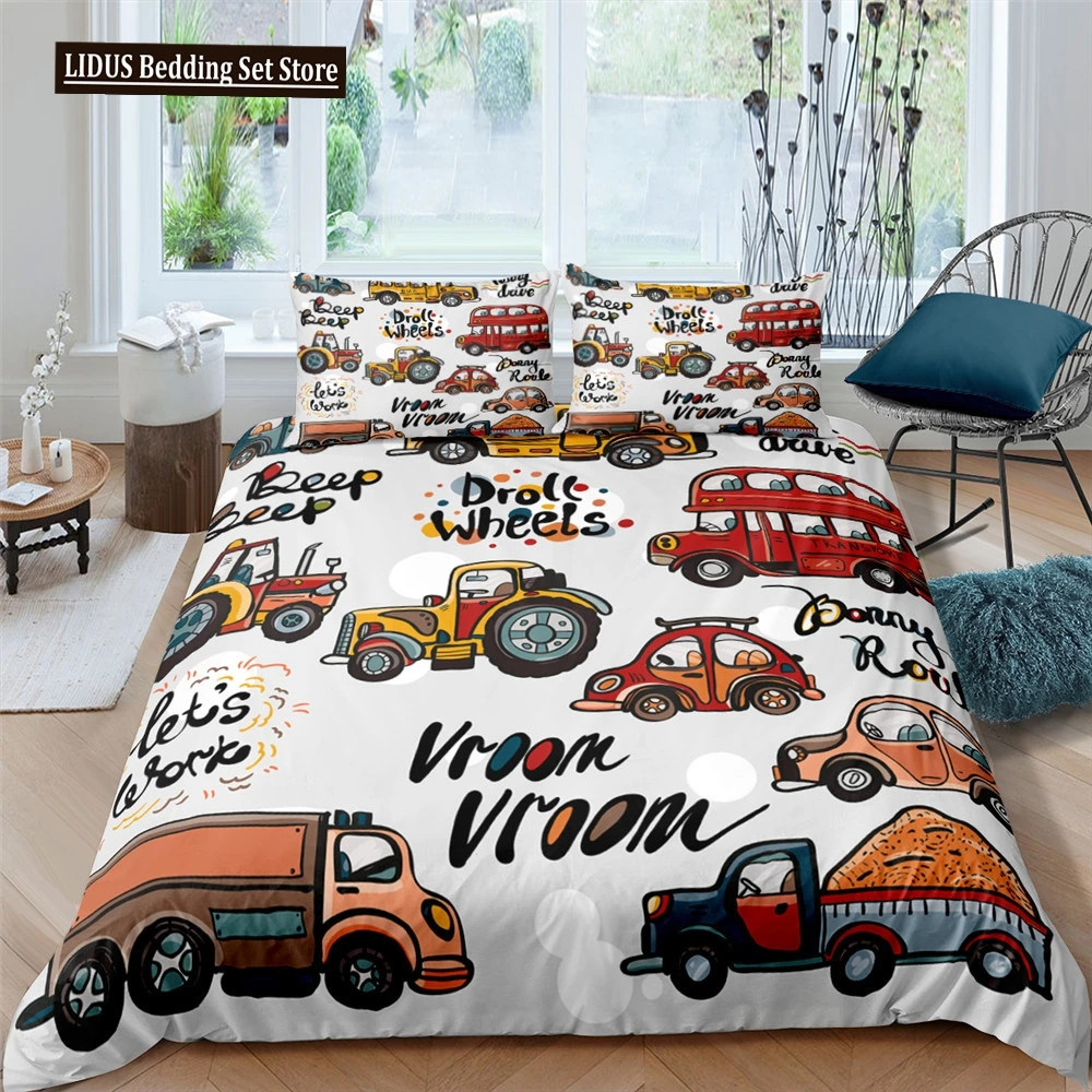 Excavator Tractor Duvet Cover Set Cartoon Machinery Bulldozer Pattern Bedding Set For Kids Boys Polyester Bedding Set King Size